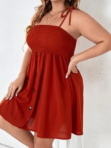 大碼前紐扣打褶肩部打結吊帶連衣裙 - 亮橙色 - 查看 3