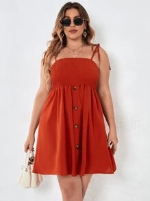 大碼前紐扣打褶肩部打結吊帶連衣裙 - 亮橙色 - 查看 5