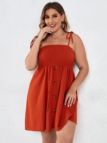 大碼前紐扣打褶肩部打結吊帶連衣裙 - 亮橙色 - 查看 6