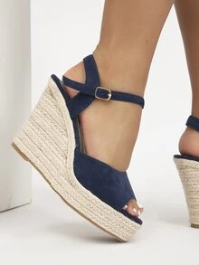 帶扣細節坡跟踝帶涼鞋 - 藏蓝色 - 查看 2