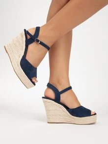 帶扣細節坡跟踝帶涼鞋 - 藏蓝色 - 查看 3