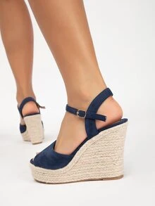 帶扣細節坡跟踝帶涼鞋 - 藏蓝色 - 查看 5