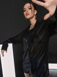 SHEIN Unity Áo sơ mi Collared Lưới trong suốt Không có áo ngực - màu đen - Xem 3