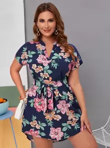 SHEIN VCAY Plus Floral Print Tunic Dress - Multicolor - View 1