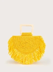 SHEIN Yellow Fringe Trim Straw Tote Bag,Woven Bag,Perfect For Summer Beach Travel Vacation,For Outdoor,Holiday - Yellow - View 4
