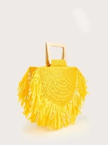 SHEIN Yellow Fringe Trim Straw Tote Bag,Woven Bag,Perfect For Summer Beach Travel Vacation,For Outdoor,Holiday - Yellow - View 5