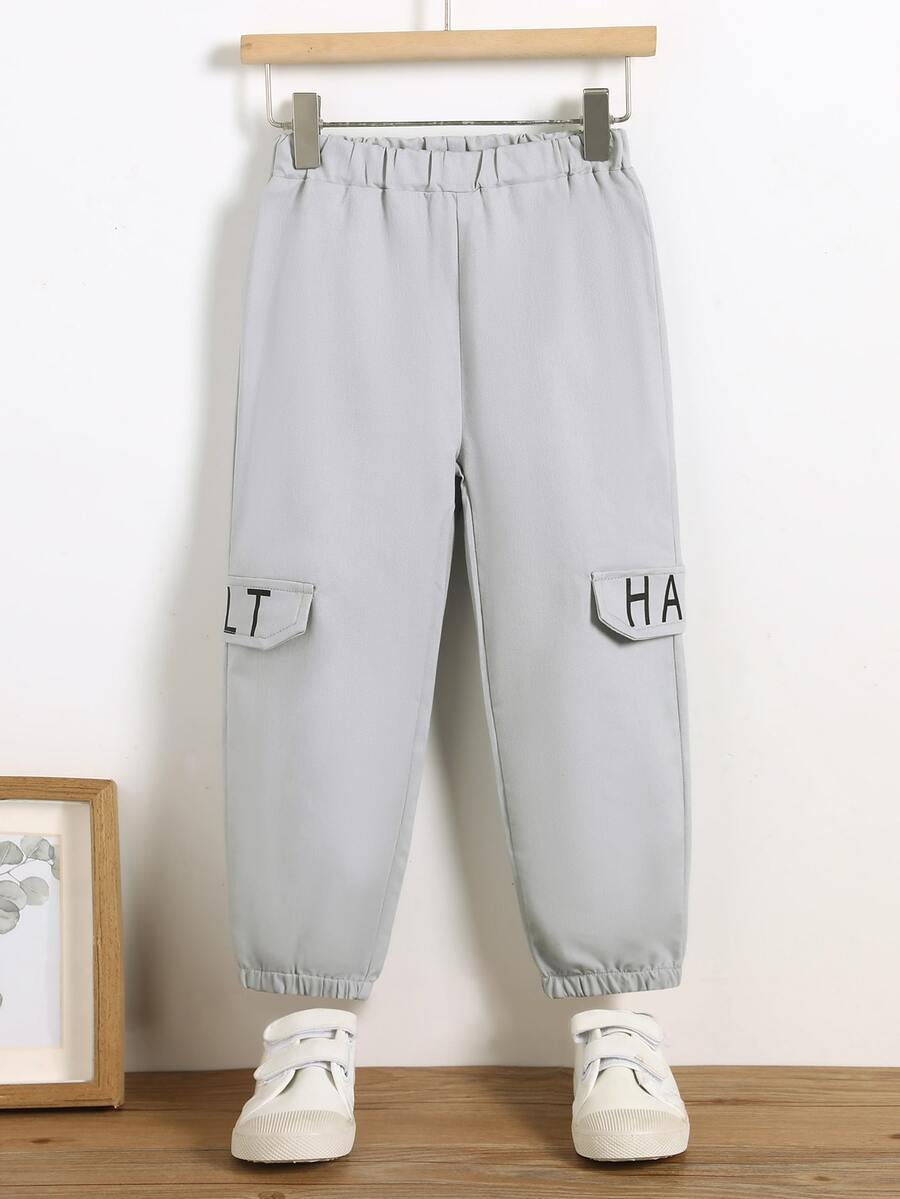 小男童字母翻蓋細節長褲 - 灰色 - 查看 1