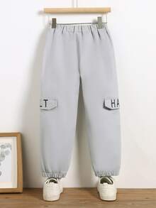 小男童字母翻蓋細節長褲 - 灰色 - 查看 2