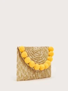 Pom Pom Decor Straw Clutch Bag - Yellow - View 4