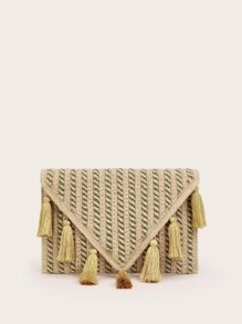Straw Tassel Decor Flap Square Bag - Brown - View 5