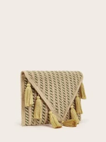 Straw Tassel Decor Flap Square Bag - Brown - View 6