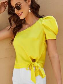 SHEIN Privé Asymmetrical Neck Knot Detail Top - Yellow - View 3