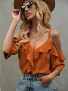 SHEIN Clasi Blusa de hombros descubiertos ribete con fruncido