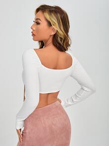 SHEIN PETITE Square Neck Rib-Knit Crop Top - White - View 2