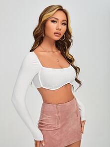SHEIN PETITE Square Neck Rib-Knit Crop Top - White - View 3