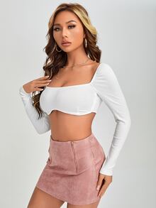 SHEIN PETITE Square Neck Rib-Knit Crop Top - White - View 4