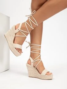 Tie Leg Design Wedge Strappy Sandals - Apricot - View 1