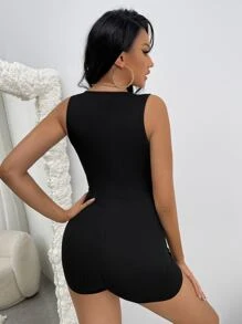 VaVaBold Plunge Neck Sleeveless Unitard Romper - Black - View 2