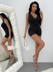 VaVaBold Plunge Neck Sleeveless Unitard Romper - Black - View 5