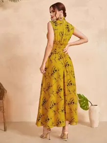 Seusyu Ruched Neck Frill Trim Shirred Waist Floral Dress - Multicolor - View 2