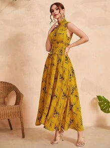 Seusyu Ruched Neck Frill Trim Shirred Waist Floral Dress - Multicolor - View 3