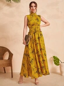 Seusyu Ruched Neck Frill Trim Shirred Waist Floral Dress - Multicolor - View 4