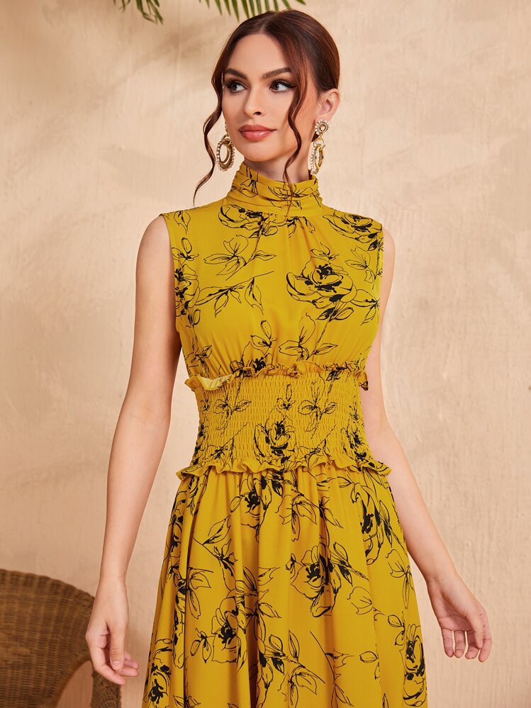 Seusyu Ruched Neck Frill Trim Shirred Waist Floral Dress - Multicolor - View 5