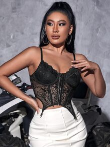 SHEIN SXY Asymmetrical Hem Lace Cami Top - Black - View 1