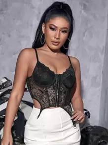 SHEIN SXY Asymmetrical Hem Lace Cami Top - Black - View 3