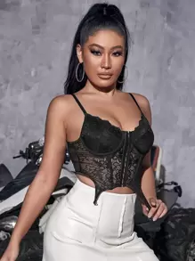 SHEIN SXY Asymmetrical Hem Lace Cami Top - Black - View 5