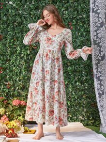 SHEIN Váy ngủ & áo ngủ Nữ Tương phản ren Xù Hoa Hoàng gia - Nhiều màu - Xem 1