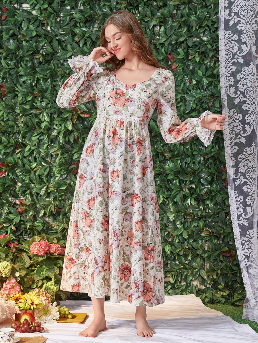 SHEIN Váy ngủ & áo ngủ Nữ Tương phản ren Xù Hoa Hoàng gia - Nhiều màu - Xem 1