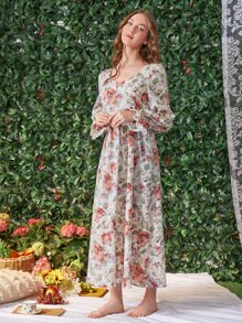 SHEIN Váy ngủ & áo ngủ Nữ Tương phản ren Xù Hoa Hoàng gia - Nhiều màu - Xem 4