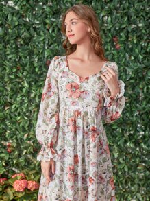 SHEIN Váy ngủ & áo ngủ Nữ Tương phản ren Xù Hoa Hoàng gia - Nhiều màu - Xem 5