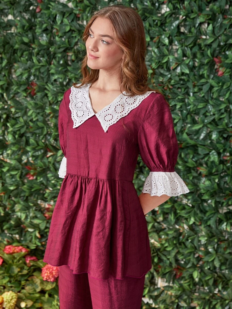 SHEIN Unity Schiffy Peter Pan Collar Sleep Top - Burgundy - View 1