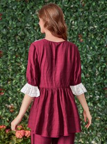 SHEIN Unity Schiffy Peter Pan Collar Sleep Top - Burgundy - View 2