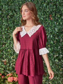 SHEIN Unity Schiffy Peter Pan Collar Sleep Top - Burgundy - View 4