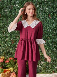 SHEIN Unity Schiffy Peter Pan Collar Sleep Top - Burgundy - View 5