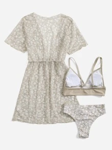 Tween Girl 3 件装碎花比基尼套装和和服夏日海滩