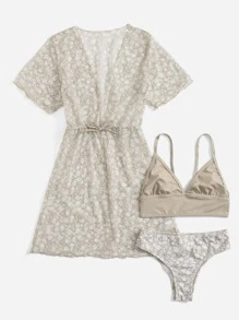 Tween Girl 3 件装碎花比基尼套装和和服夏日海滩