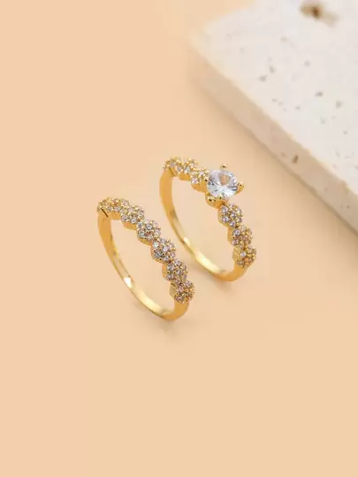 2入組方晶鋯石裝飾戒指