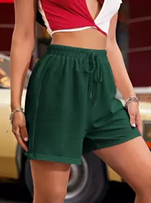 SHEIN EZwear Drawstring Waist Track Shorts - Dark Green - View 4