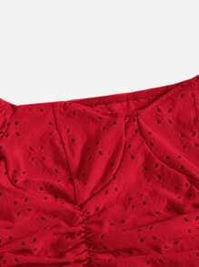 SHEIN MOD Áo sơ mi nữ Dây kéo viền lá sen Thắt nút Xù màu trơn Boho - Màu Đỏ Sâu - Xem 4