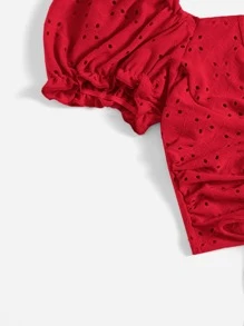 SHEIN MOD Áo sơ mi nữ Dây kéo viền lá sen Thắt nút Xù màu trơn Boho - Màu Đỏ Sâu - Xem 5