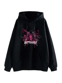 閃電和字母圖案袋鼠口袋抽繩保暖連帽衫 - 黑色 - 查看 1