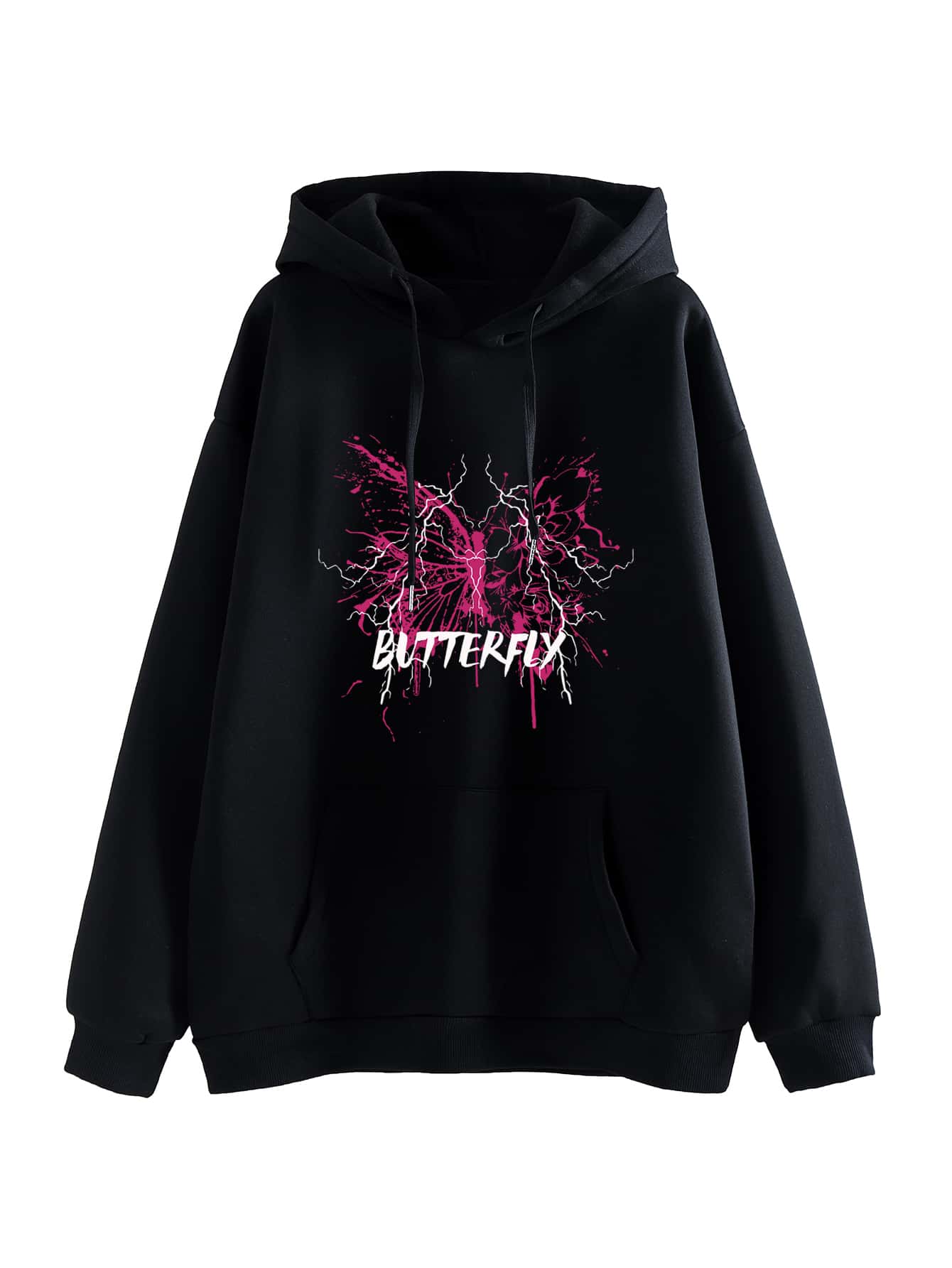 閃電和字母圖案袋鼠口袋抽繩保暖連帽衫 - 黑色 - 查看 1