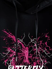 閃電和字母圖案袋鼠口袋抽繩保暖連帽衫 - 黑色 - 查看 5