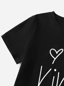 SHEIN Niñas Camiseta con estampado de slogan y corazón - Negro - Ver 4