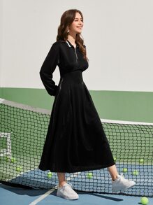 Mulvari Zipper Half Placket Patch Detail Dress - Black - View 3