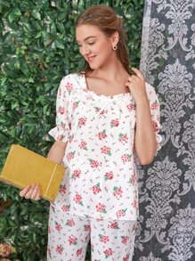 SHEIN Unity 花卉圖案打結細節泡泡袖家居服上裝 - 彩色 - 查看 1